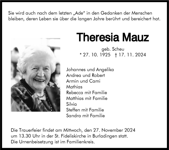 Traueranzeige von Theresia Mauz von SÜDWEST PRESSE Zollernalbkreis/Hohenzollerische Zeitung