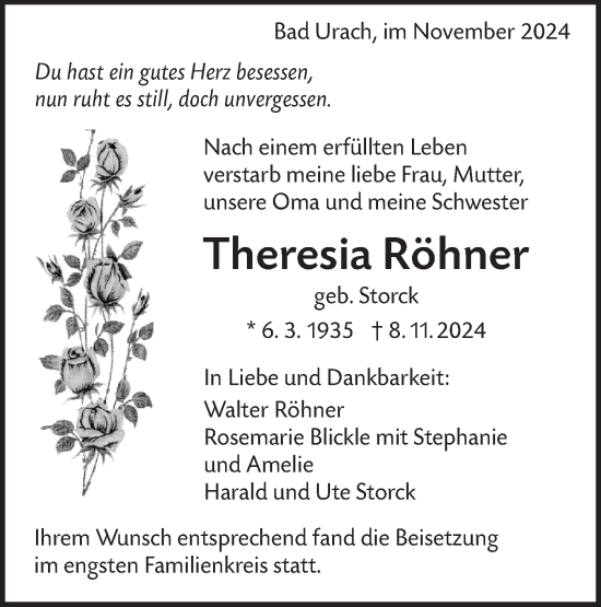 Traueranzeige von Theresia Röhner von Alb-Bote/Metzinger-Uracher Volksblatt