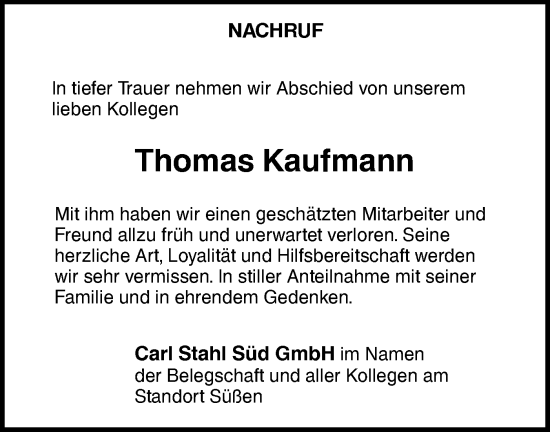 Traueranzeige von Thomas Kaufmann von NWZ Neue Württembergische Zeitung/Geislinger Zeitung