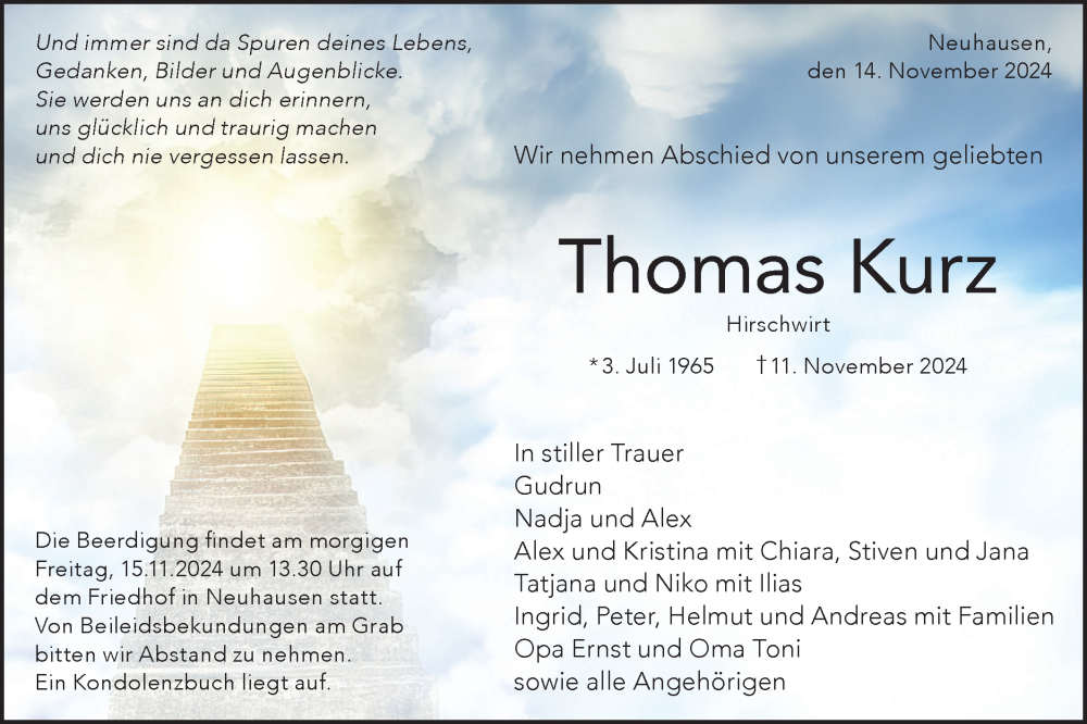  Traueranzeige für Thomas Kurz vom 14.11.2024 aus Alb-Bote/Metzinger-Uracher Volksblatt