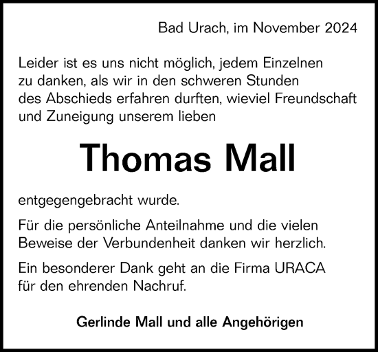 Traueranzeige von Thomas Mall von Alb-Bote/Metzinger-Uracher Volksblatt