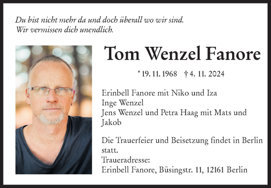 Traueranzeige von Tom Wenzel Fanore von Schwäbische Tagblatt