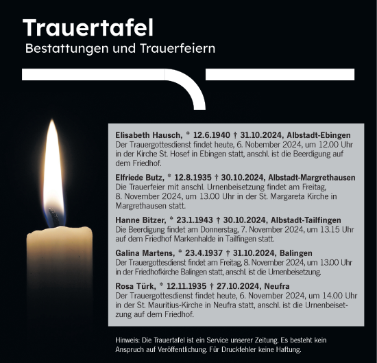 Traueranzeige von Totentafel vom 06.11.2024 von SÜDWEST PRESSE Zollernalbkreis/Hohenzollerische Zeitung