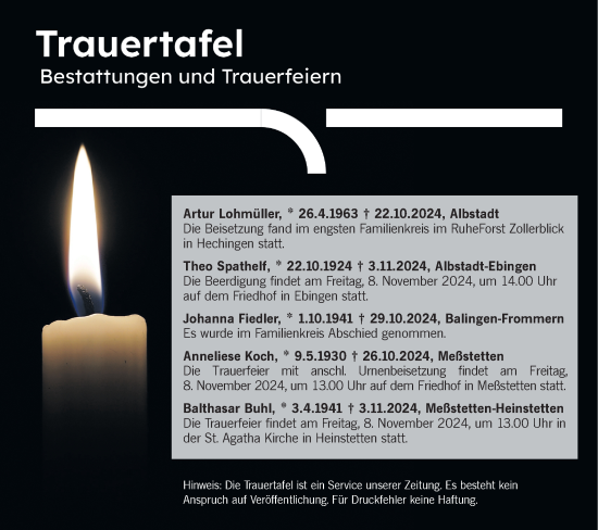 Traueranzeige von Totentafel vom 07.11.2024 von SÜDWEST PRESSE Zollernalbkreis/Hohenzollerische Zeitung