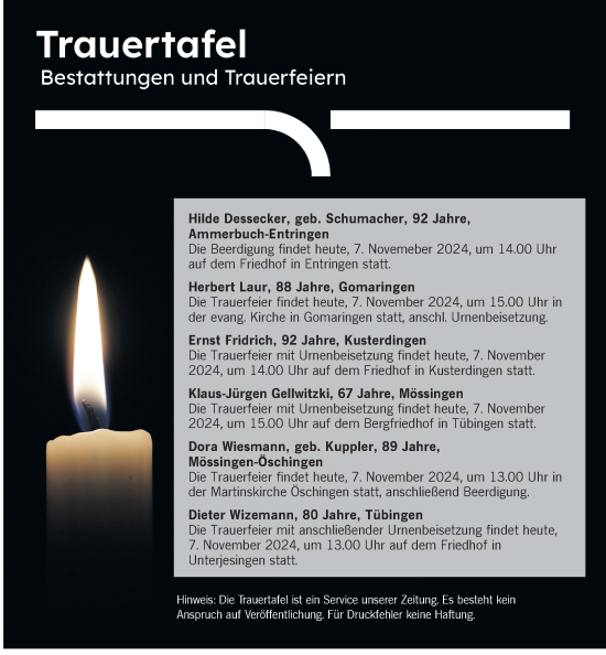 Traueranzeige von Totentafel vom 07.11.2024 von Schwäbische Tagblatt