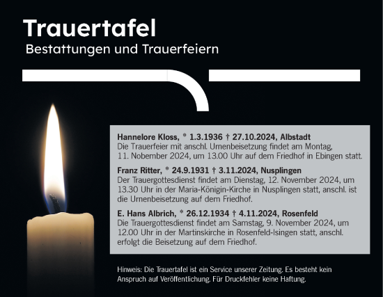 Traueranzeige von Totentafel vom 08.11.2024 von SÜDWEST PRESSE Zollernalbkreis/Hohenzollerische Zeitung