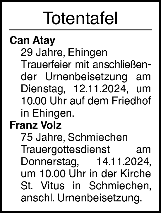 Traueranzeige von Totentafel vom 09.11.2024 von Ehinger Tagblatt