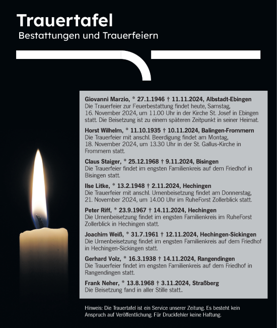 Traueranzeige von Totentafel vom 16.11.2024 von SÜDWEST PRESSE Zollernalbkreis/Hohenzollerische Zeitung