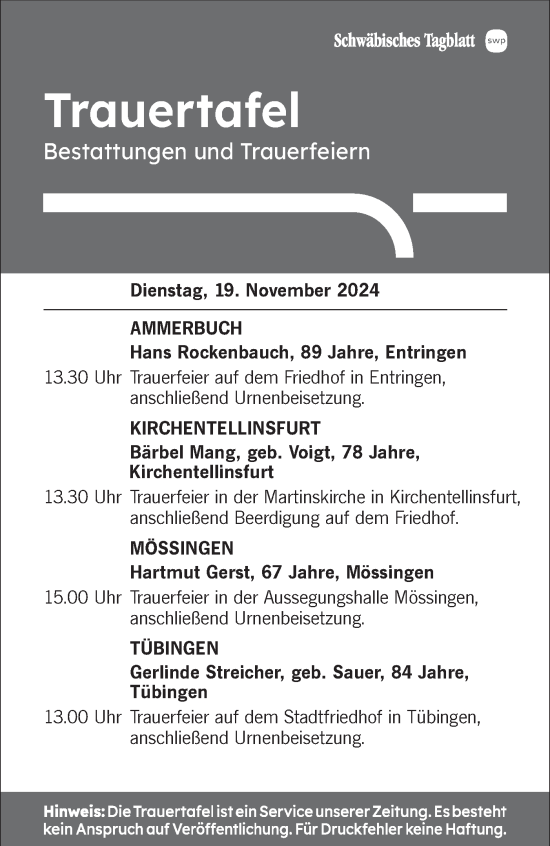 Traueranzeige von Totentafel vom 19.11.2024 von Schwäbische Tagblatt