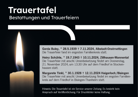 Traueranzeige von Totentafel vom 19.11.2024 von SÜDWEST PRESSE Zollernalbkreis/Hohenzollerische Zeitung