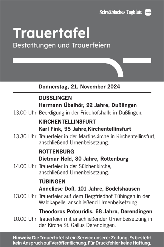 Traueranzeige von Totentafel vom 21.11.2024 von Schwäbische Tagblatt