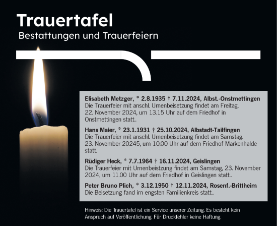 Traueranzeige von Totentafel vom 21.11.2024 von SÜDWEST PRESSE Zollernalbkreis/Hohenzollerische Zeitung