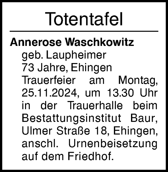 Traueranzeige von Totentafel vom 22.11.2024 von Ehinger Tagblatt