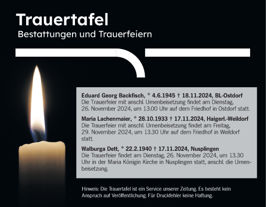 Traueranzeige von Totentafel vom 23.11.2024 von SÜDWEST PRESSE Zollernalbkreis/Hohenzollerische Zeitung