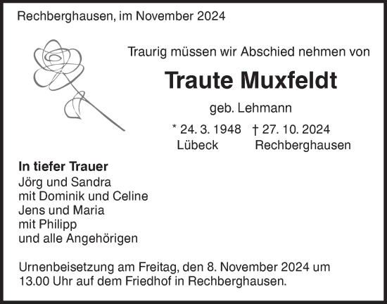 Traueranzeige von Traute Muxfeldt von NWZ Neue Württembergische Zeitung