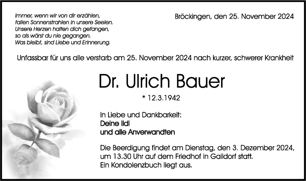  Traueranzeige für Ulrich Bauer vom 30.11.2024 aus Rundschau Gaildorf