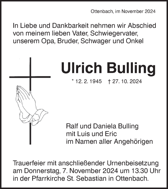 Traueranzeige von Ulrich Bulling von NWZ Neue Württembergische Zeitung