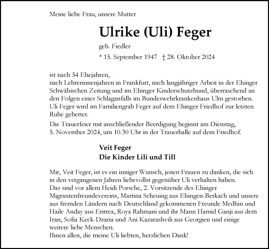 Traueranzeige von Ulrike Feger von Ehinger Tagblatt