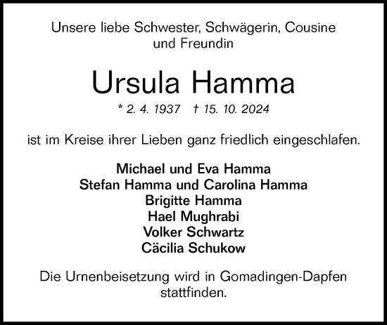 Traueranzeige von Ursula Hamma von Haller Tagblatt