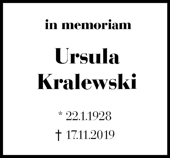 Traueranzeige von Ursula Kralewski von Schwäbische Tagblatt