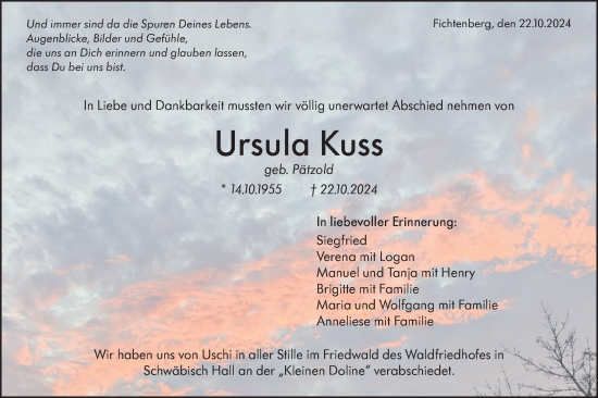 Traueranzeige von Ursula Kuss von Rundschau Gaildorf