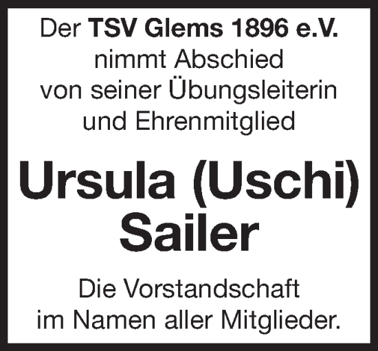 Traueranzeige von Ursula Sailer von Alb-Bote/Metzinger-Uracher Volksblatt