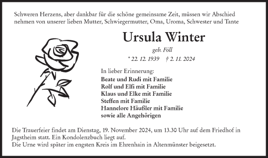 Traueranzeige von Ursula Winter von Hohenloher Tagblatt