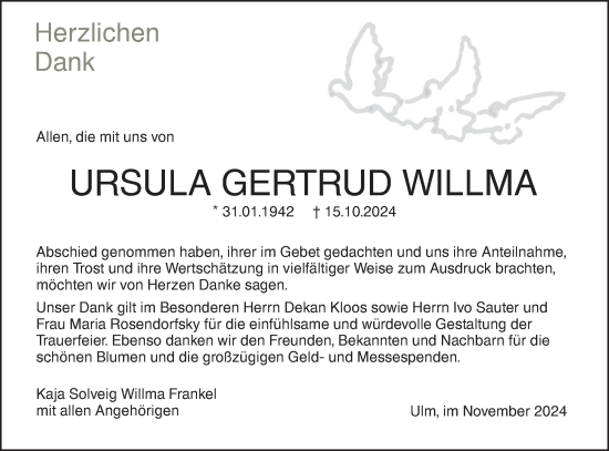 Traueranzeige von Ursula Gertrud Willma von SÜDWEST PRESSE Ausgabe Ulm/Neu-Ulm