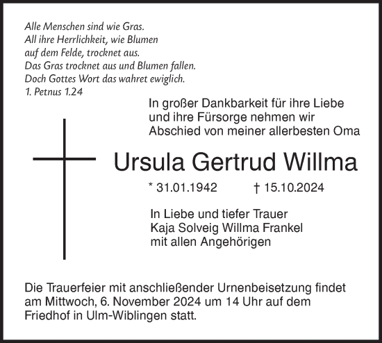 Traueranzeige von Ursula Gertrud Willma von SÜDWEST PRESSE Ausgabe Ulm/Neu-Ulm