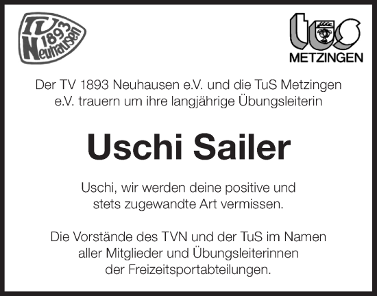 Traueranzeige von Uschi Sailer von Alb-Bote/Metzinger-Uracher Volksblatt