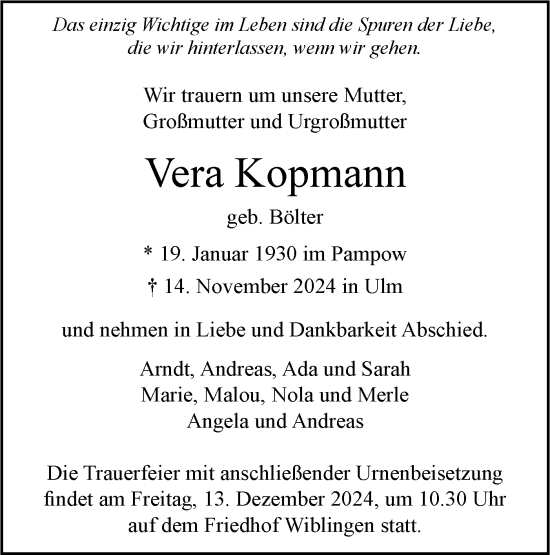 Traueranzeige von Vera Kopmann von SÜDWEST PRESSE Ausgabe Ulm/Neu-Ulm