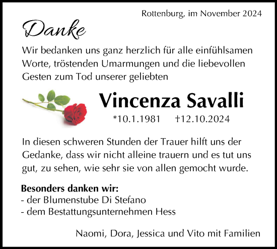 Traueranzeige von Vincenza Savalli von Schwäbische Tagblatt