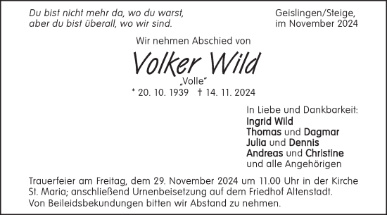 Traueranzeige von Volker Wild von Geislinger Zeitung