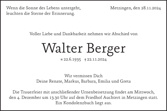 Traueranzeige von Walter Berger von Alb-Bote/Metzinger-Uracher Volksblatt