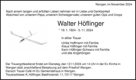 Traueranzeige von Walter Höflinger von NWZ Neue Württembergische Zeitung