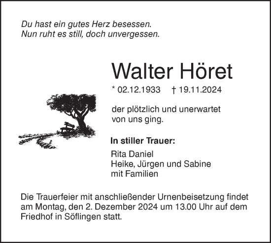 Traueranzeige von Walter Höret von SÜDWEST PRESSE Ausgabe Ulm/Neu-Ulm