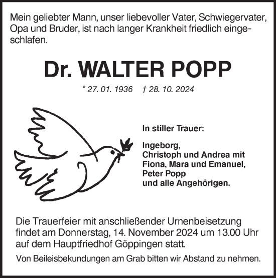 Traueranzeige von Walter Popp von NWZ Neue Württembergische Zeitung