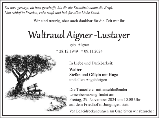 Traueranzeige von Waltraud  Aigner-Lustayer von SÜDWEST PRESSE Ausgabe Ulm/Neu-Ulm