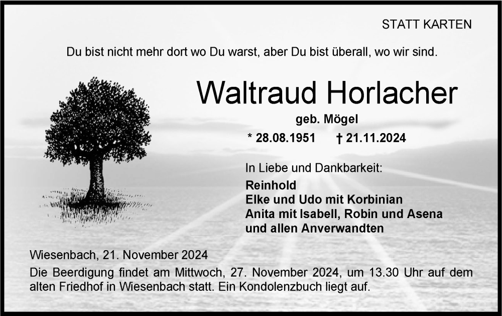  Traueranzeige für Waltraud Horlacher vom 26.11.2024 aus Hohenloher Tagblatt