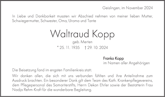 Traueranzeige von Waltraud Kopp von Geislinger Zeitung