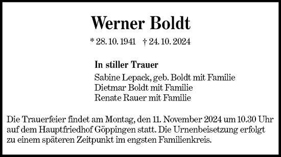 Traueranzeige von Werner Boldt von NWZ Neue Württembergische Zeitung