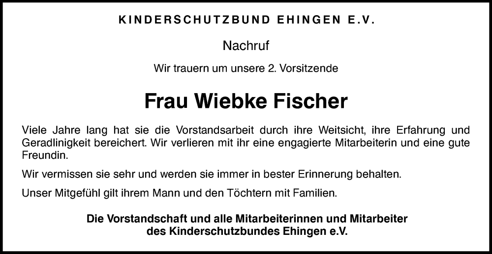  Traueranzeige für Wiebke Fischer vom 15.11.2024 aus Ehinger Tagblatt