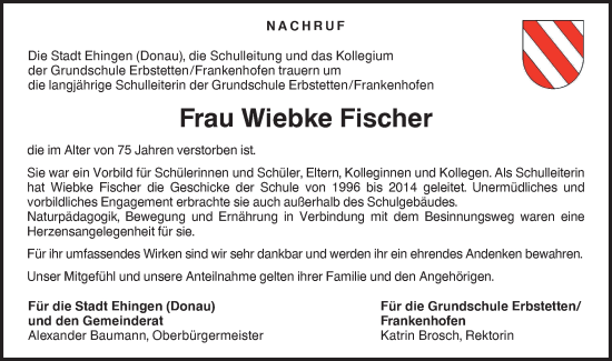 Traueranzeige von Wiebke Fischer von Ehinger Tagblatt