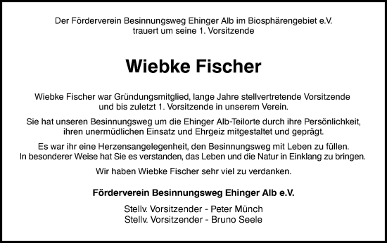 Traueranzeige von Wiebke Fischer von Ehinger Tagblatt