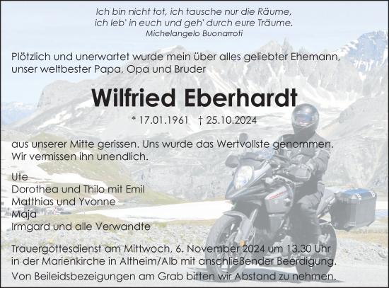 Traueranzeige von Wilfried Eberhardt von SÜDWEST PRESSE Ausgabe Ulm/Neu-Ulm