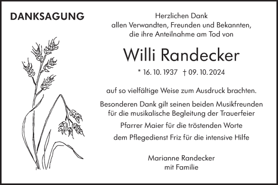 Traueranzeige von Willi Randecker von Alb-Bote/Metzinger-Uracher Volksblatt