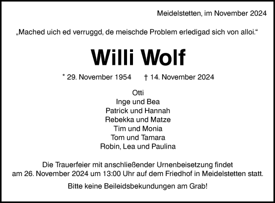 Traueranzeige von Willi Wolf von Alb-Bote/Metzinger-Uracher Volksblatt