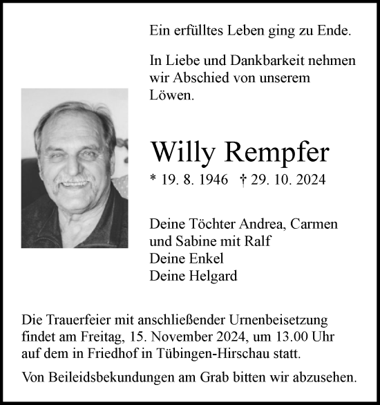 Traueranzeige von Willy Rempfer von Schwäbische Tagblatt