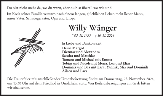 Traueranzeige von Willy Wänger von Hohenloher Tagblatt