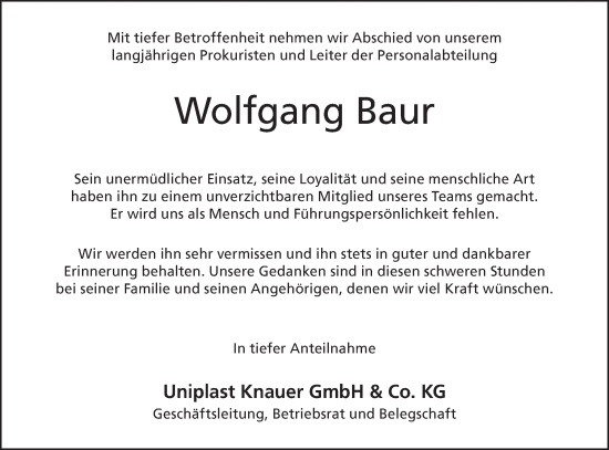 Traueranzeige von Wolfgang Baur von Alb-Bote/Metzinger-Uracher Volksblatt